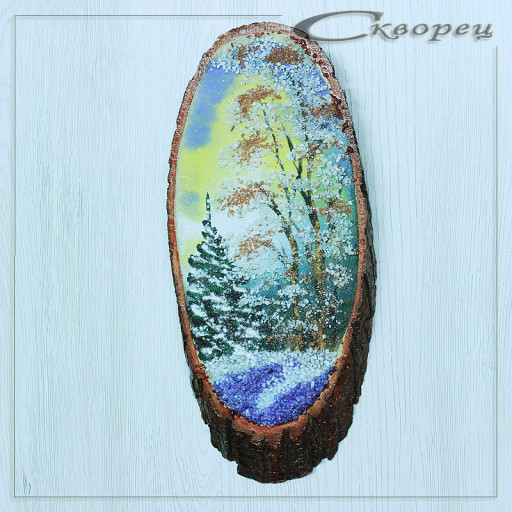 14160305 - Картина на спиле дерева утренний лес 30 см зима.