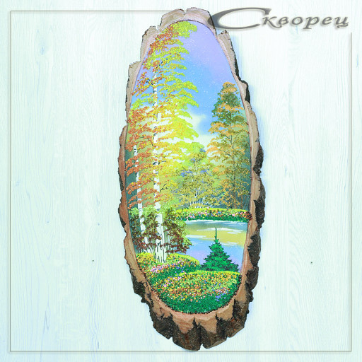 14160961 - Картина на спиле дерева русские березы 60 см осень