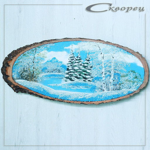 14161011 - Картина на спиле дерева русские березы 65 см зима