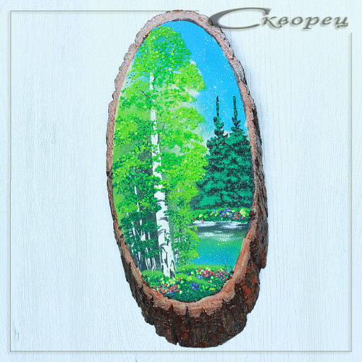 14160333 - Картина на спиле дерева одинокая береза 30 см лето.