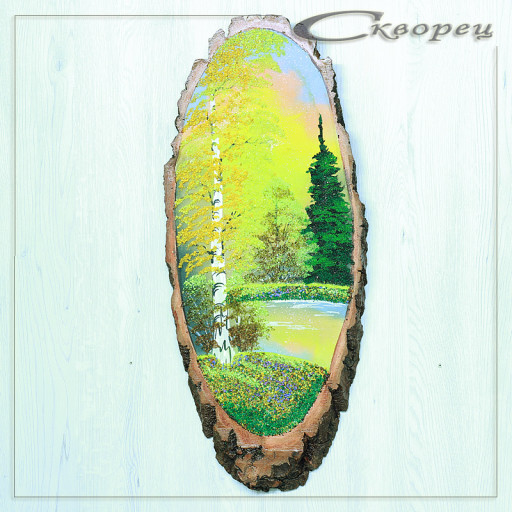 14160963 - Картина на спиле дерева одинокая береза 60 см осень