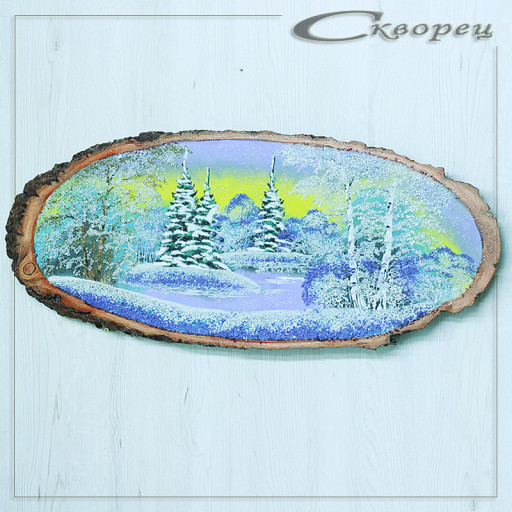 14161014 - Картина на спиле дерева закат в лесу 65 см зима