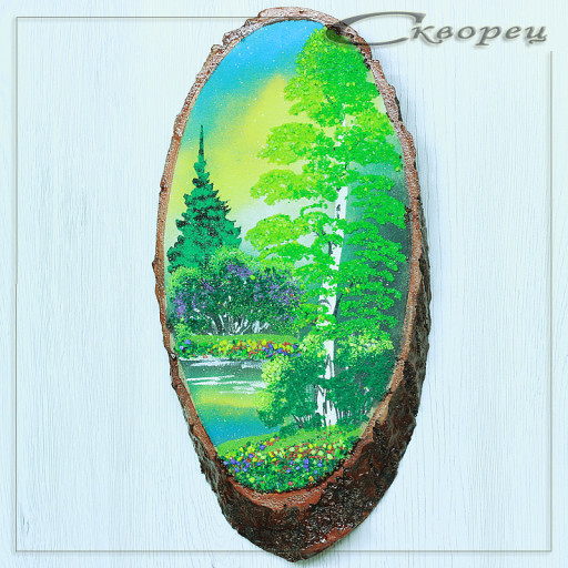 14160335 - Картина на спиле дерева утренний лес 30 см лето.