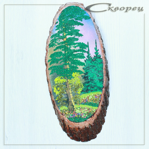 14160362 - Картина на спиле дерева вековые сосны 30 см осень.