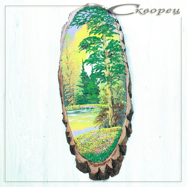 14160965 - Картина на спиле дерева утренний лес 60 см осень