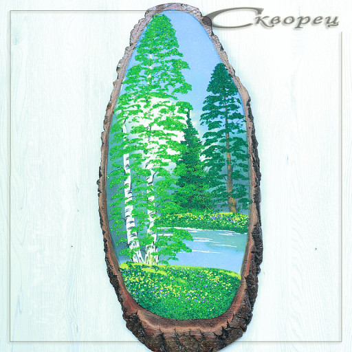 14161031 - Картина на спиле дерева русские березы 65 см лето