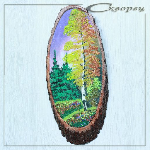 14160363 - Картина на спиле дерева одинокая береза 30 см осень.