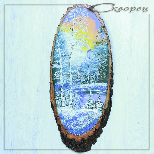 14160801 - Картина на спиле дерева русские березы 55 см зима