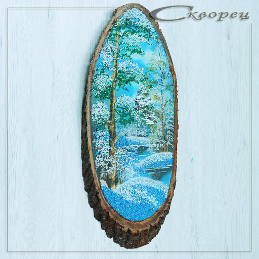 14160802 - Картина на спиле дерева вековые сосны 55 см зима