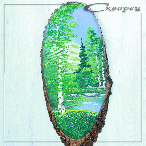 14161033 - Картина на спиле дерева одинокая береза 65 см лето