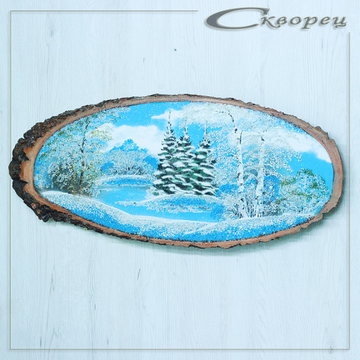 14161111 - Картина на спиле дерева русские березы 70 см зима.