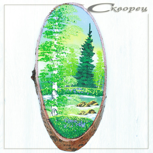 14161035 - Картина на спиле дерева утренний лес 65 см лето