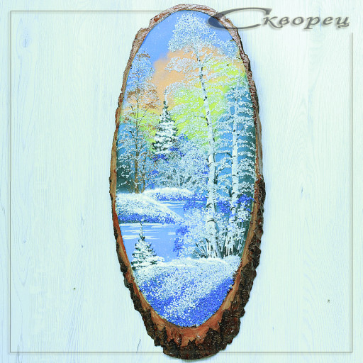 14160805 - Картина на спиле дерева утренний лес 55 см зима