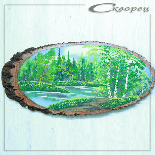 14161041 - Картина на спиле дерева русские березы 65 см лето