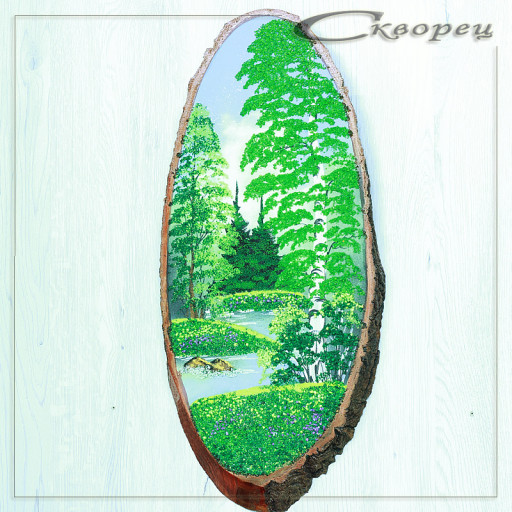 14160833 - Картина на спиле дерева одинокая береза 55 см лето