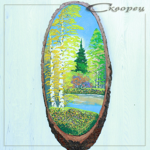 14161061 - Картина на спиле дерева русские березы 65 см осень