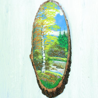 14160863 - Картина на спиле дерева одинокая береза 55 см осень