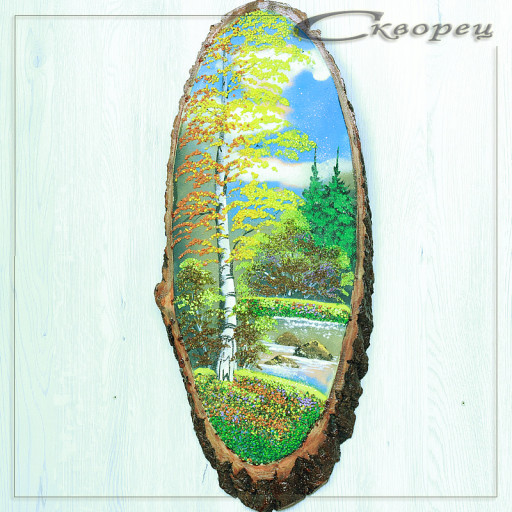 14160863 - Картина на спиле дерева одинокая береза 55 см осень