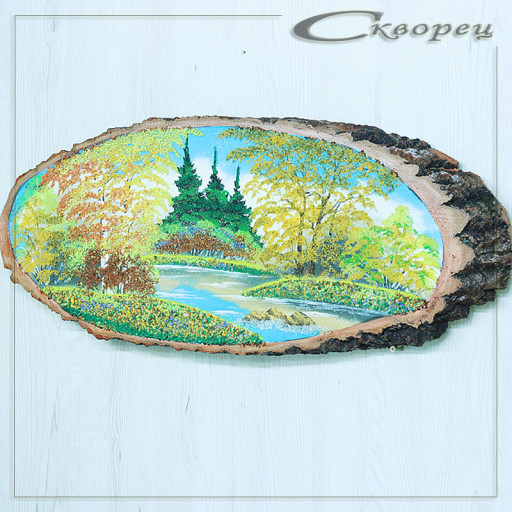 14161071 - Картина на спиле дерева русские березы 65 см осень