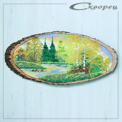 14161175 - Картина на спиле дерева утренний лес 70 см осень.