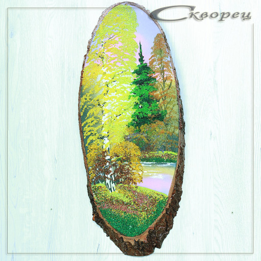 14160865 - Картина на спиле дерева утренний лес 55 см осень