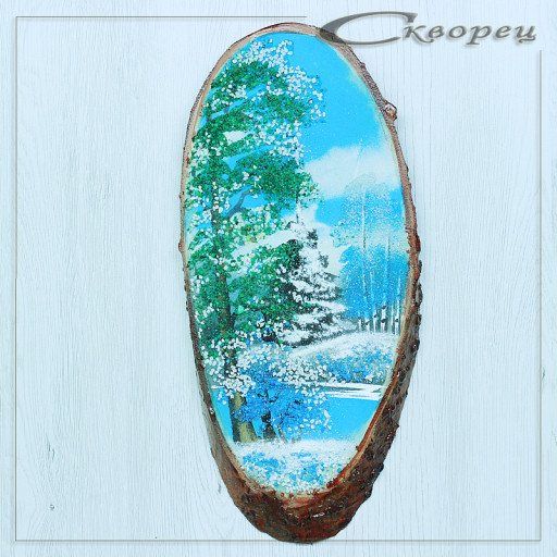 14160402 - Картина на спиле дерева вековые сосны 35 см зима.