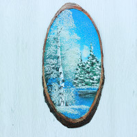 14160403 - Картина на спиле дерева одинокая береза 35 см зима.