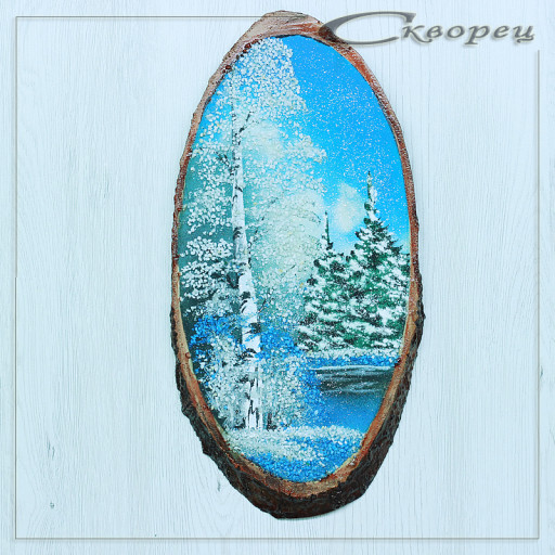 14160403 - Картина на спиле дерева одинокая береза 35 см зима.