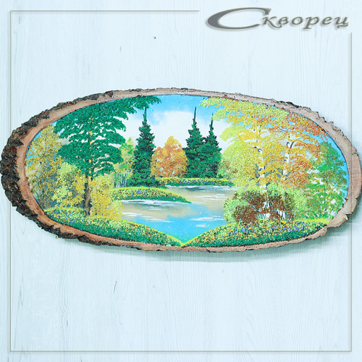 14161072 - Картина на спиле дерева вековые сосны 65 см осень