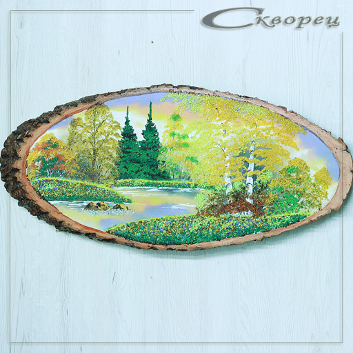 14161075 - Картина на спиле дерева утренний лес 65 см осень