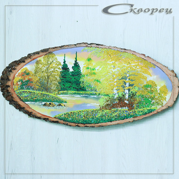 14161075 - Картина на спиле дерева утренний лес 65 см осень