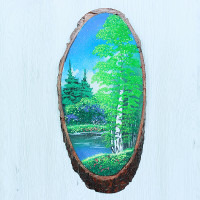 14160433 - Картина на спиле дерева одинокая береза 35 см лето.