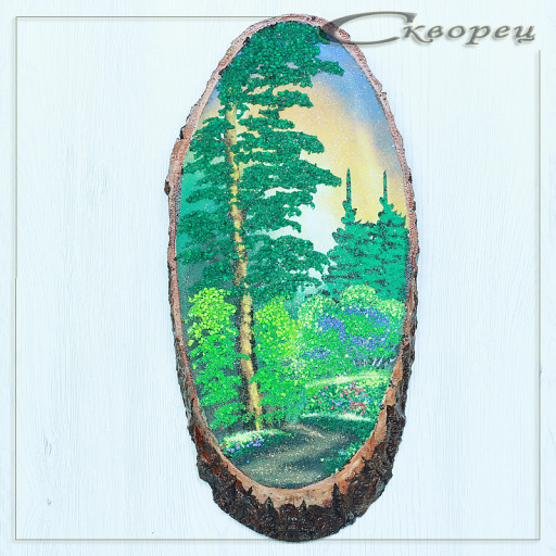 14160434 - Картина на спиле дерева закат в лесу 35 см лето.