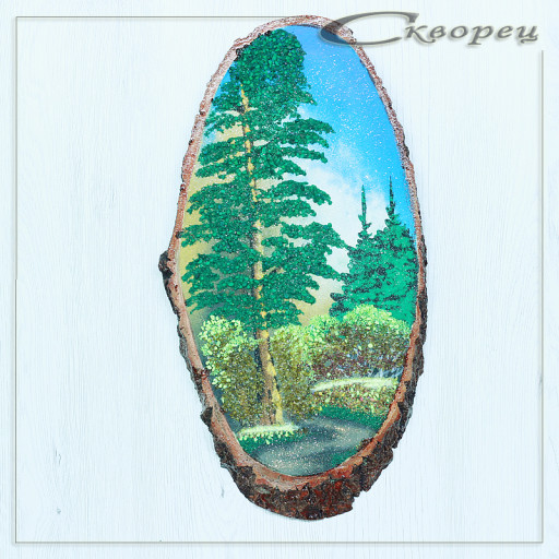 14160462 - Картина на спиле дерева вековые сосны 35 см осень.