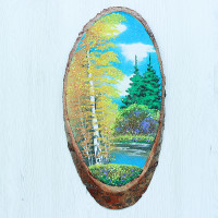14160463 - Картина на спиле дерева одинокая береза 35 см осень.