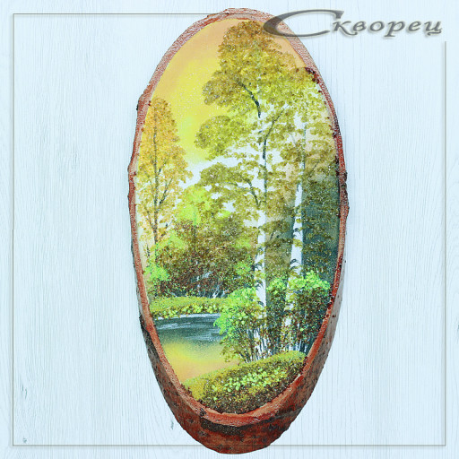 14160465 - Картина на спиле дерева утренний лес 35 см осень.