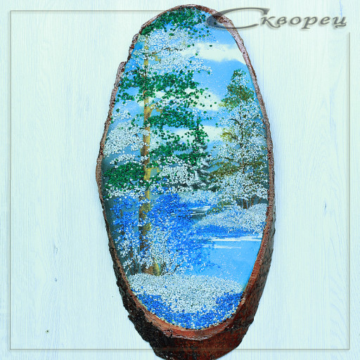 14160502 - Картина на спиле дерева вековые сосны 40 см зима.