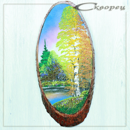 14160563 - Картина на спиле дерева одинокая береза 40 см осень.