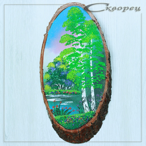 14160331 - Картина на спиле дерева русские березы 30 см лето.