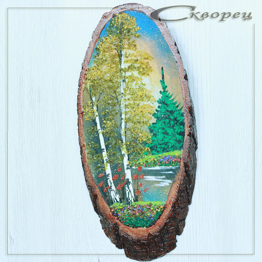 14160361 - Картина на спиле дерева русские березы 30 см осень.