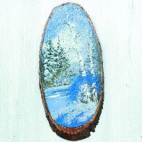 14160601 - Картина на спиле дерева русские березы 45 см зима.