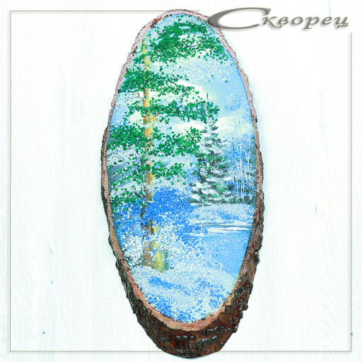 14160602 - Картина на спиле дерева вековые сосны 45 см зима.