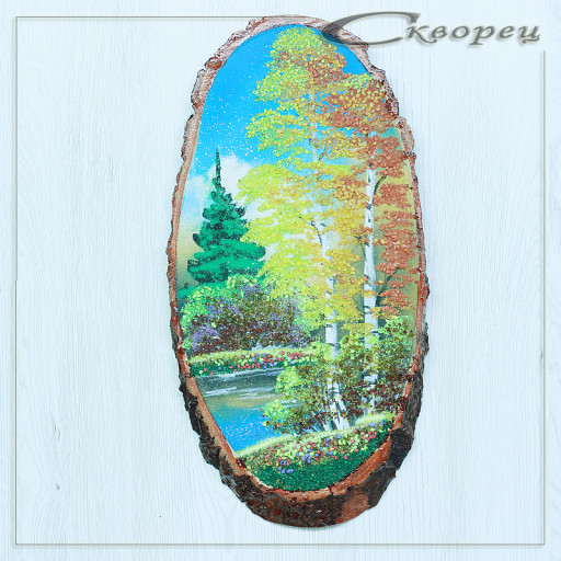 14160461 - Картина на спиле дерева русские березы 35 см осень.