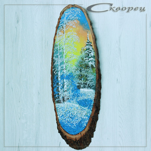 14160704 - Картина на спиле дерева закат в лесу 50 см зима