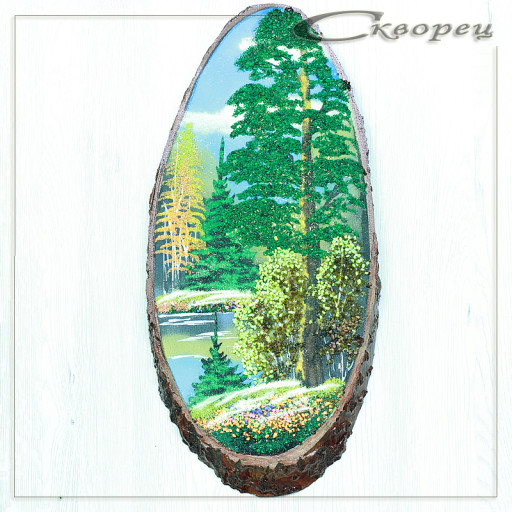 14160662 - Картина на спиле дерева вековые сосны 45 см осень.