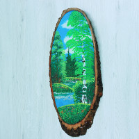 14160733 - Картина на спиле дерева одинокая береза 50 см лето