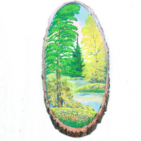 14160665 - Картина на спиле дерева утренний лес 45 см осень.