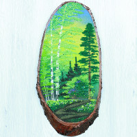 14160437 - Картина на спиле дерева лесная тропинка у берез 35 см лето.