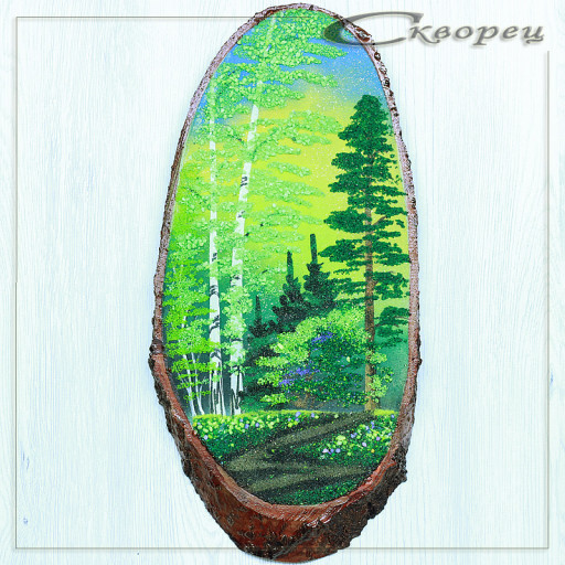 14160437 - Картина на спиле дерева лесная тропинка у берез 35 см лето.