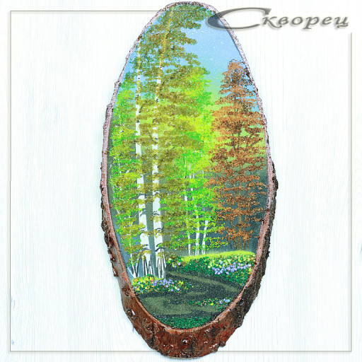 14160467 - Картина на спиле дерева лесная тропинка у берез 35 см осень.